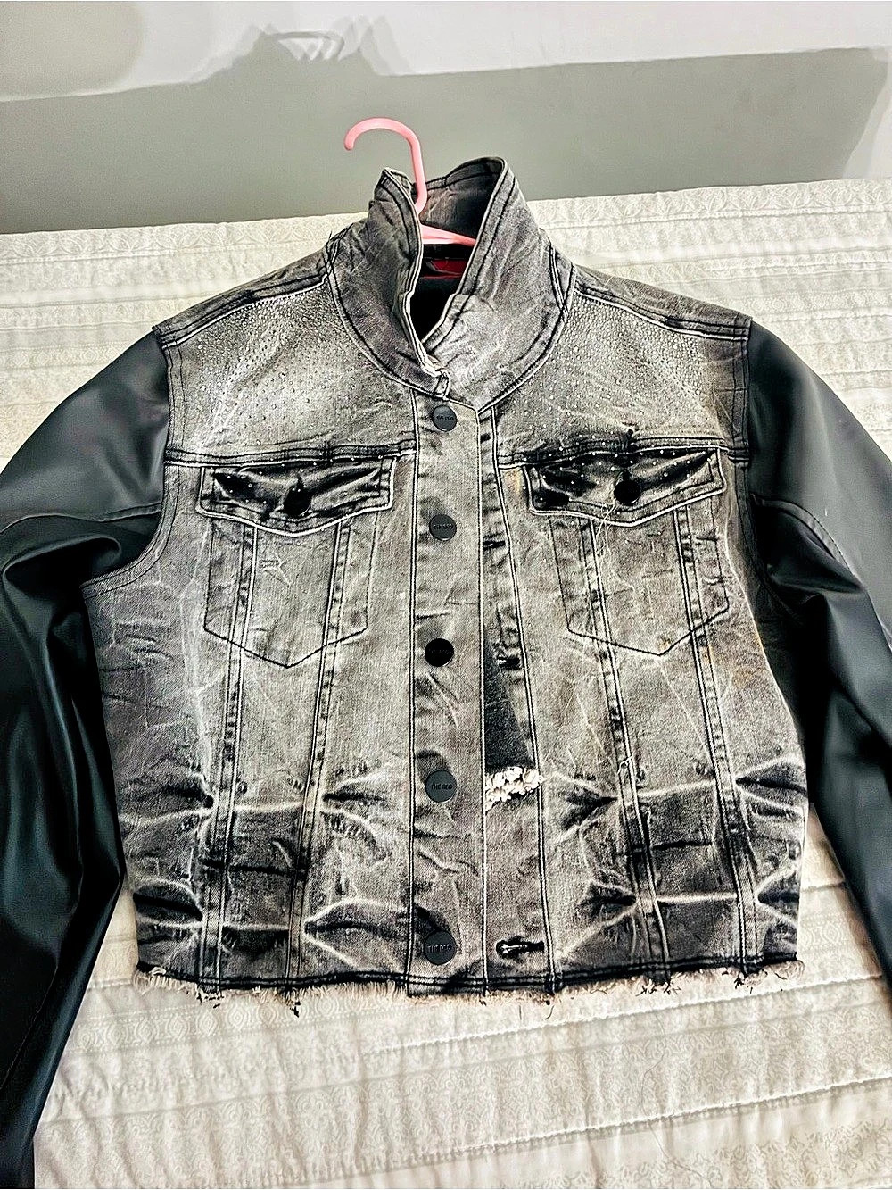Women's Distressed Denim Jacket in Gray & Black